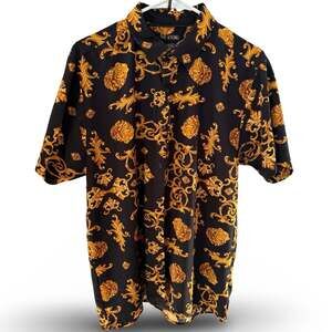 Baroque Gold Lion Print Stretch Button Down Shirt L Luxury Clubwear